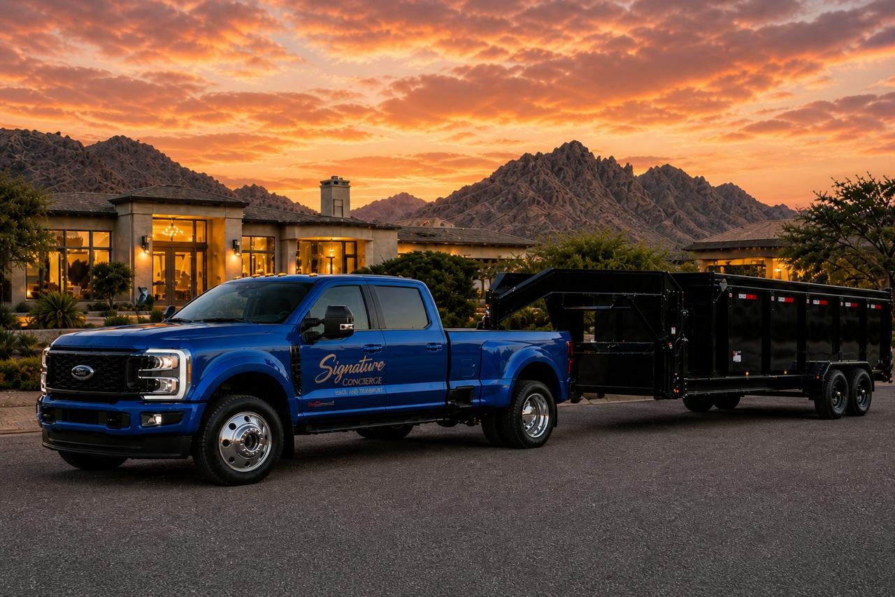 Signature Concierge truck and trailer driving through the Scottsdale desert